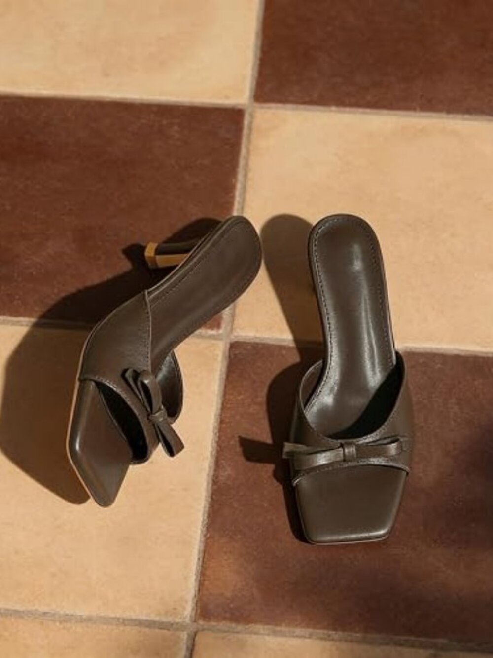 Women Open Toe Heeled Sandals Slip On Mules Square Toe Bow Short Heel Party